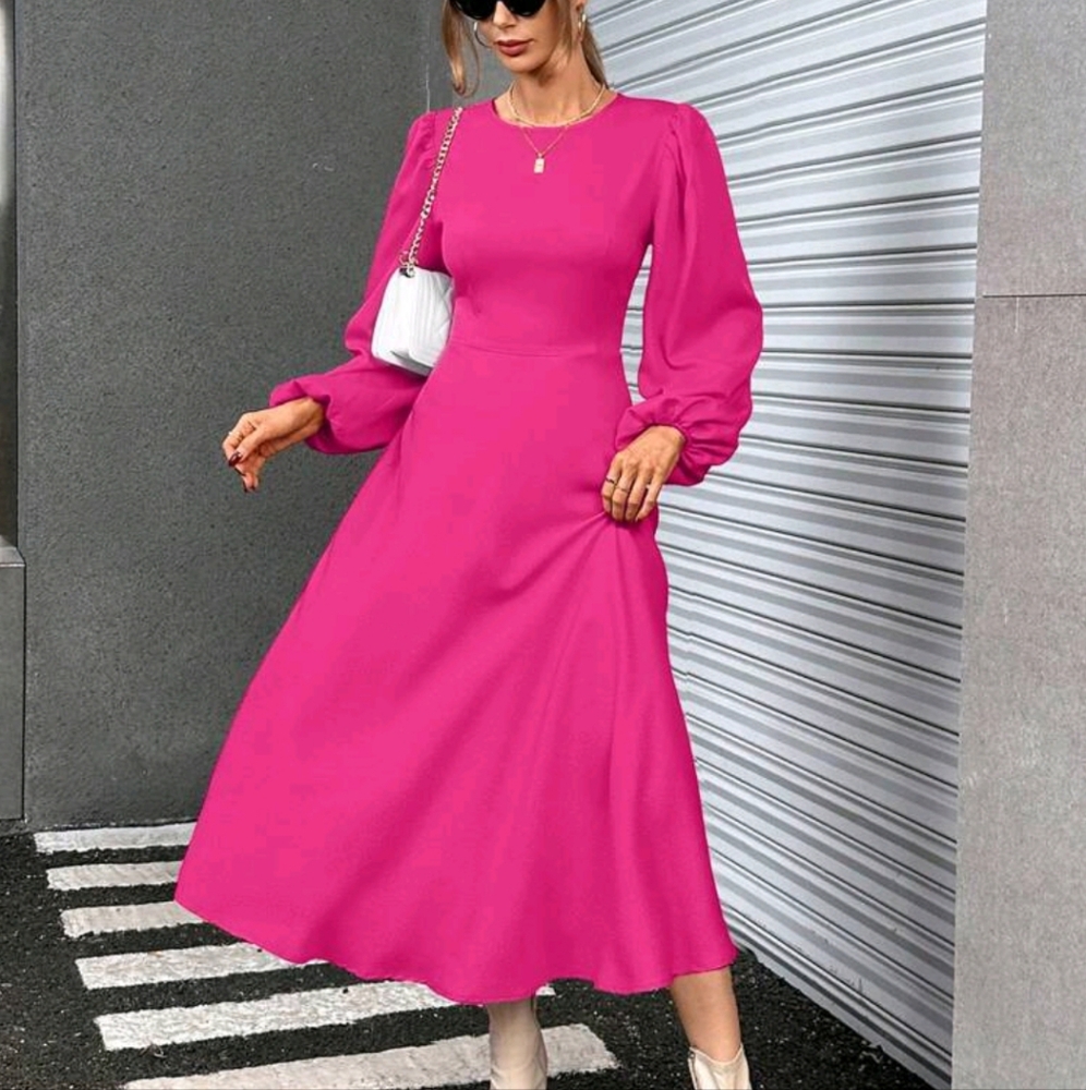 Women's Elegant Round Neck Solid Color Long Sleeve Summer Dress - Picture 1 of 4